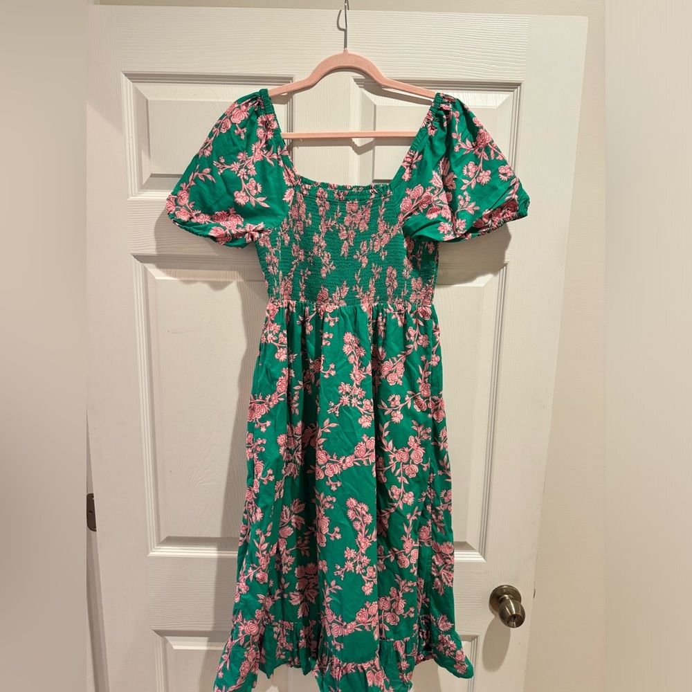 J. Crew Smocked midi dress with puff sleeves Size S  Green/Pink floral print
